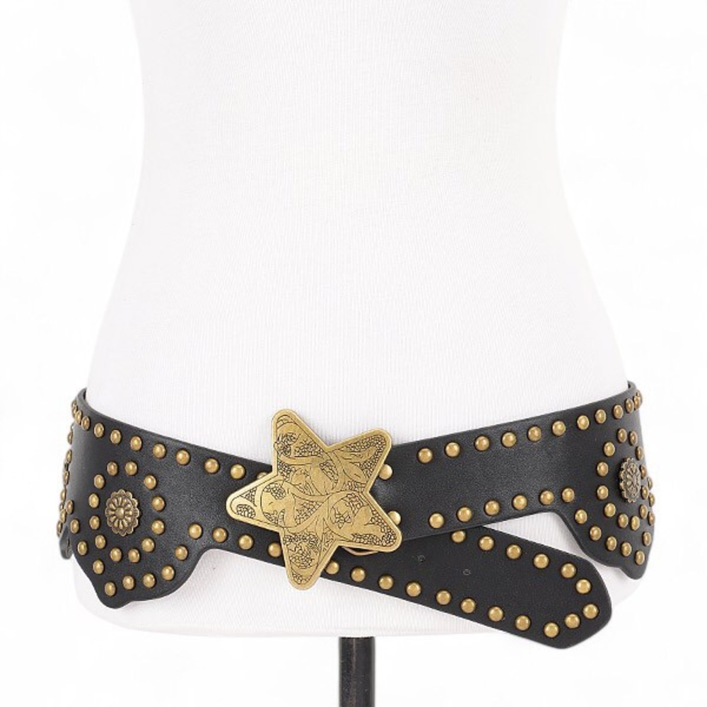 Vegan Leather Black & Gold Star Buckle Statement Belt